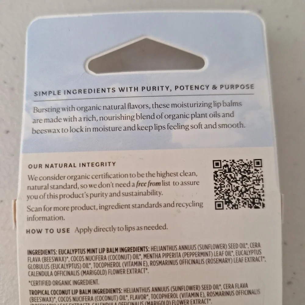 Two Packs Of Sky Organics Lip Balms w/ Beeswax 4-pack Certified USDA Organic